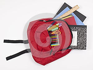 Backpack with school supplies spilling out