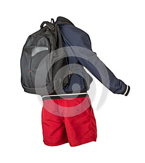 Backpack, shorts, summer jacket  on white background