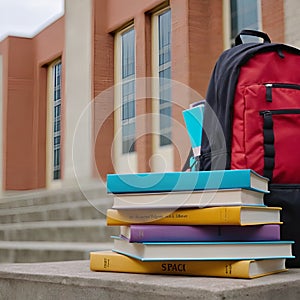 a backpack and some education books in front of school yard