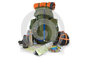 Backpack with tourist equipment on white