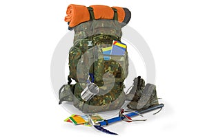 Backpack with tourist equipment on white