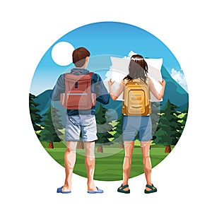 Backpack travelers young tourists cartoon