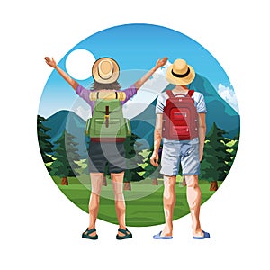 Backpack travelers young tourists cartoon