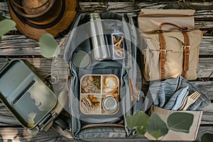 A backpack with water bottle strapped to the side on a wooden table with reusable containers and utensils inside by Generative ai