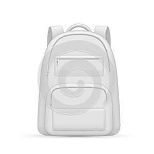 Backpack white elegant rucksack with zip pockets realistic vector illustration. Camping bag