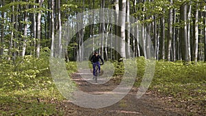 Backpacked man rides bicycle in the forest