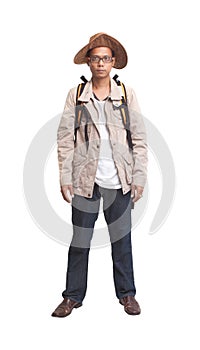 Backpacker in acting on white background