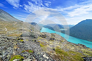 Backpacker at Besseggen ridge at Jotunheimen national park