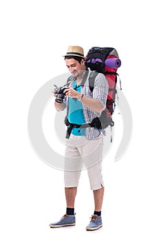 The backpacker with camera isolated on white background