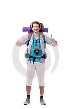 The backpacker with camera isolated on white background