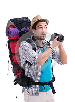 Backpacker with camera isolated on white background