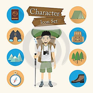 Backpacker character Icon set vector