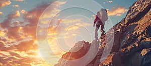 Backpacker climbs up on cliff with sunrise sky background.