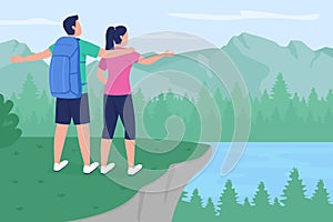 Backpacker couple in countryside flat color vector illustration