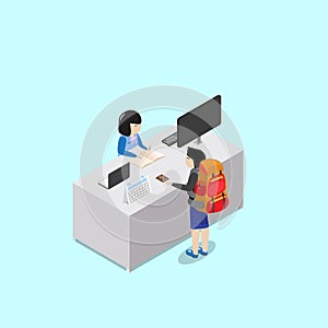 Backpacker customer check in with receptionist