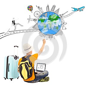 Backpacker draw a travel trip planning