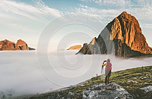 Backpacker exploring sunset rocky mountains in Norway