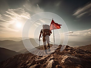 Backpacker heading to mountain top with a flag on top.