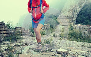 backpacker hiking on the great wall in china