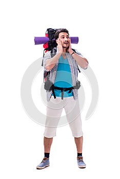 The backpacker with large backpack isolated on white