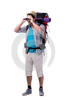 The backpacker with large backpack isolated on white