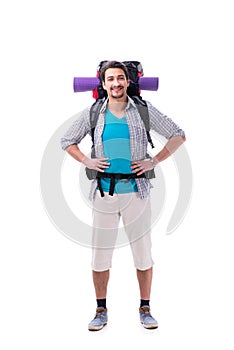 The backpacker with large backpack isolated on white