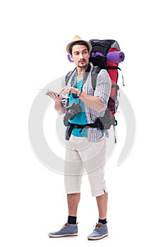 The backpacker with large backpack isolated on white