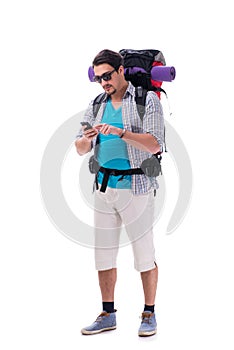 The backpacker with large backpack isolated on white