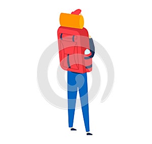 Backpacker with large red backpack and sleeping bag outdoors. Hiker in blue pants with travel gear ready for adventure
