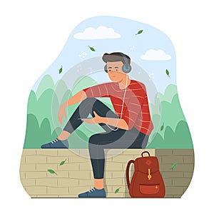 Backpacker Man Listening Music from Smartphone while Sitting in Public Park