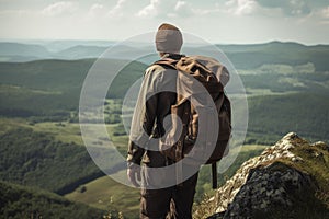 Backpacker mountain view. Generate Ai