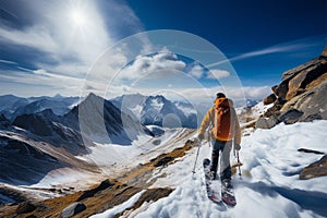 Backpacker pauses to savor the mountain vista before him