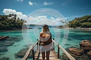 Backpacker reaching the top of the tropical beach, summer landscape image