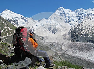 Backpacker tourist in Caucasian mountains, Tetnuld