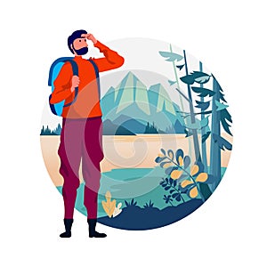 Backpacker travel adventure concept. outdoor vacation recreation in nature theme of hiking, climbing, trekking. vector