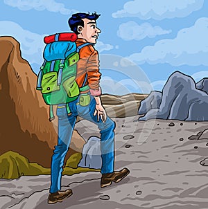 Backpacker Traveler hiking the mountain