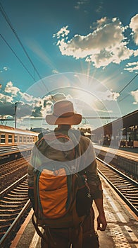 Backpacker is walking on train tracks at a train station