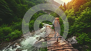 Backpacker walking on a wooden bridge over a water stream in a misty forest