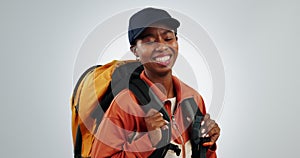 Backpacker, woman and a tourist portrait in studio laughing for adventure or travel. Face of happy black person with a