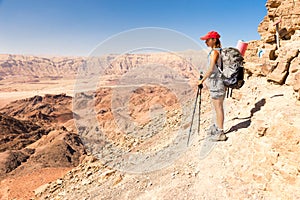 Backpacker woman tourist standing desert mountain cliff edge lan