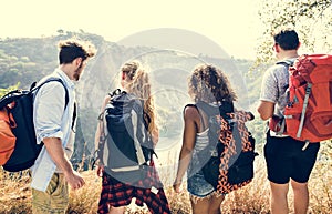 Backpackers on an adventure together photo