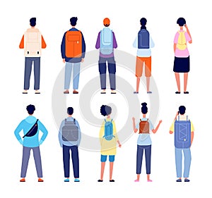 Backpackers characters. Travelling equipment, people backpack on back. Travel person stand with their backs, hiking or