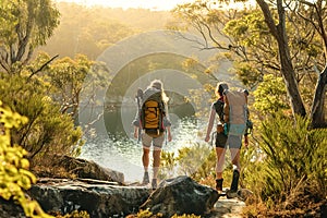 Backpackers exploring remote and untouched natural settings.