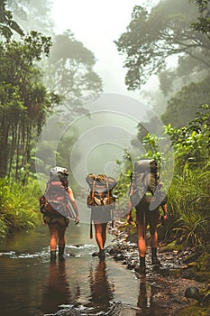 Backpackers exploring remote and untouched natural settings. They walk across the river.