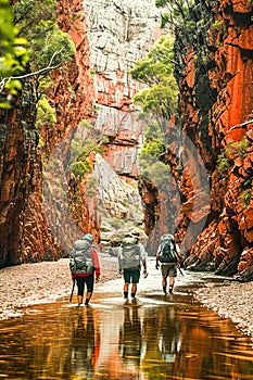 Backpackers exploring remote and untouched natural settings. They walk across the river.