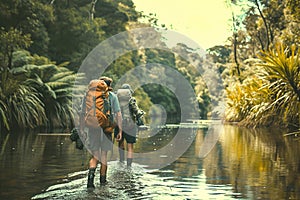 Backpackers exploring remote and untouched natural settings. They walk across the river.