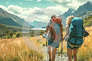 Backpackers exploring remote and untouched natural settings. They walk across the river.