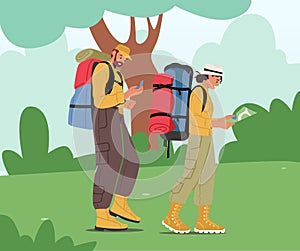 Backpackers Learning Map Choosing Right Way. Travelers Hiking Adventure, Vacation Trip Concept. Active Tourists Hike