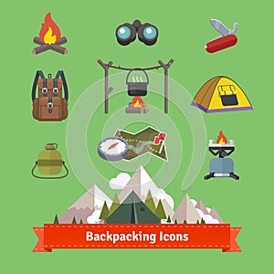 Backpacking and hiking flat icon set