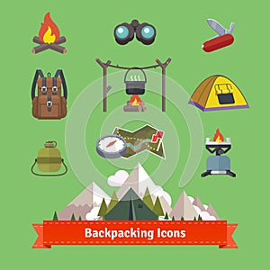 Backpacking and hiking flat icon set